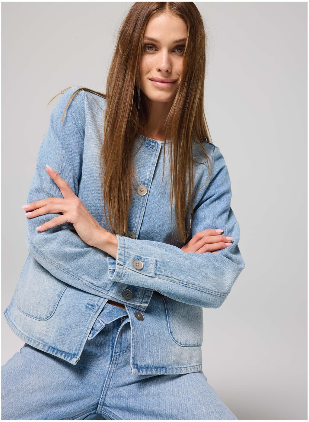 Denim Collarless Jacket – LAFATA NYC